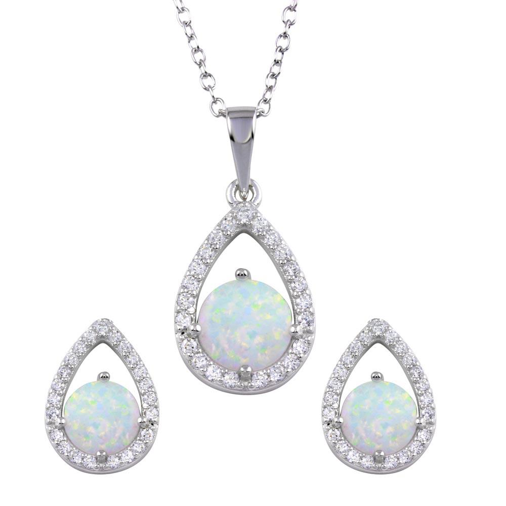 PARIKHS Rhodium Plated Synthetic Opal Open Teardrop CZ Necklace-Earring Set in 925 Sterling Silver