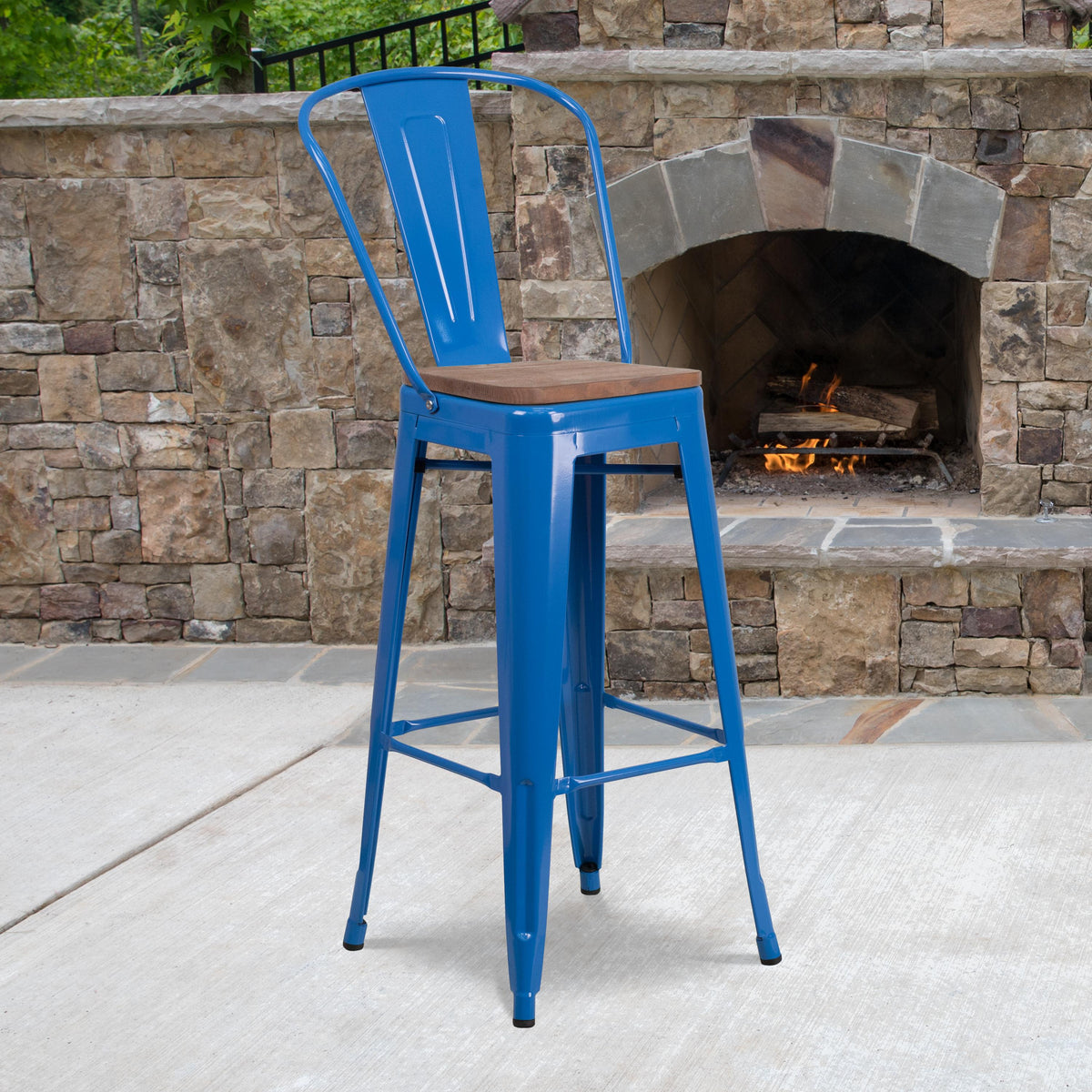 Flash Furniture 30" High Blue Metal Barstool with Back and Wood Seat - Kitchen Furniture