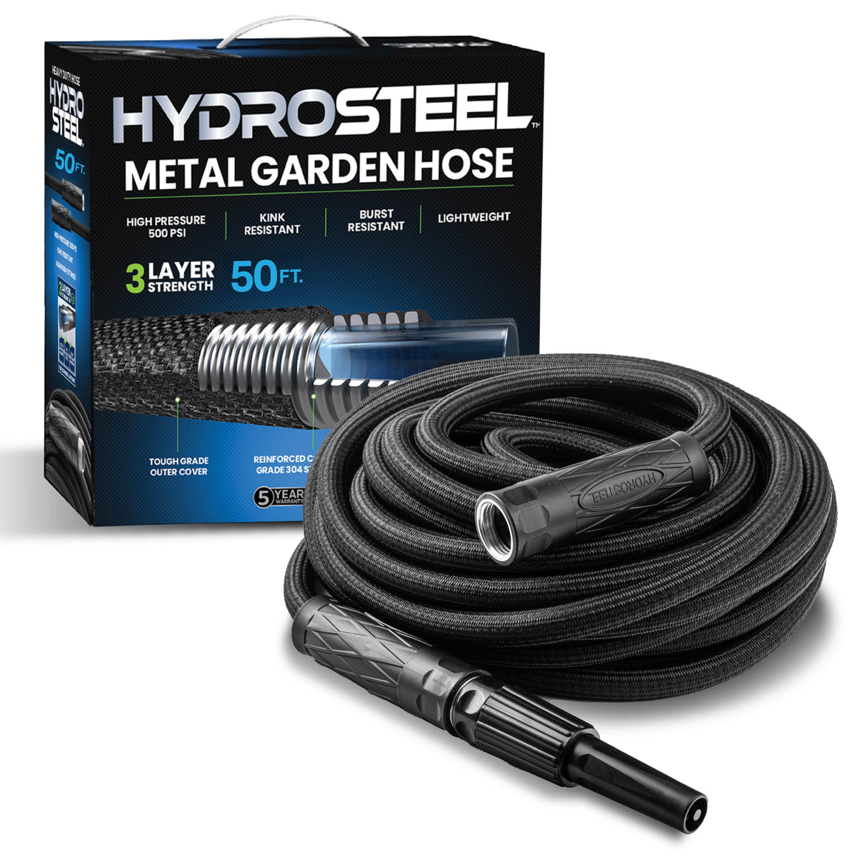 Hydrosteel Heavy-Duty Metal Garden Hose Size 50 FT