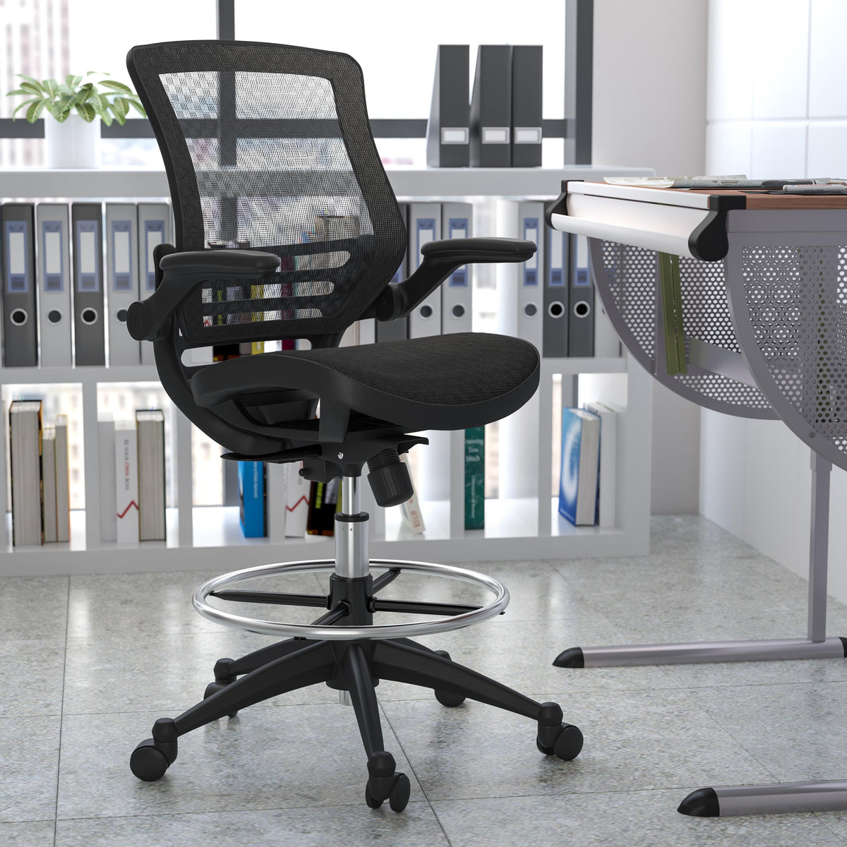 Flash Furniture Black Mid-Back Transparent Mesh Drafting Chair with Black Frame and Flip-Up Arms
