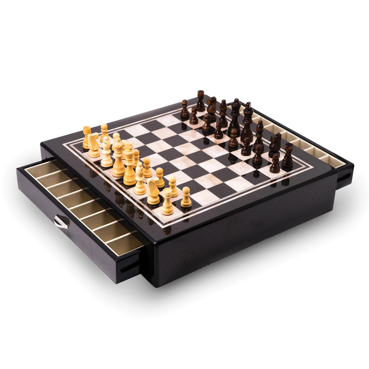 Distinctive Gifts Carbon Fiber & Mother of Pearl Design Chess Set w/Accessory Drawers