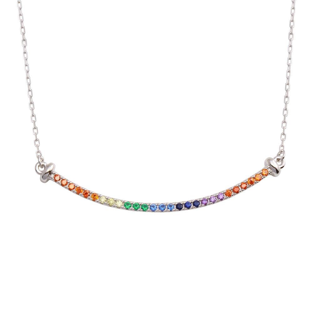 PARIKHS Rhodium Plated Curve Pendant Necklace with Rainbow CZ in 925 Sterling Silver