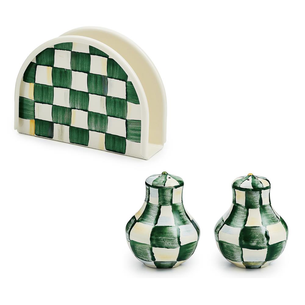 MacKenzie Childs Emerald Check Napkin Holder & Shaker Set