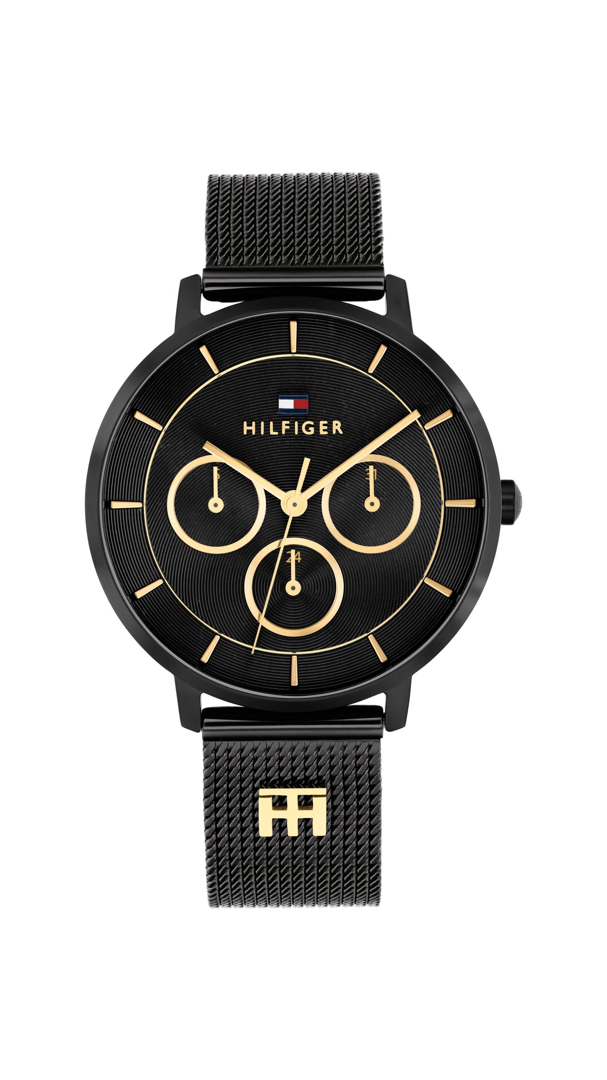 Tommy Hilfiger Ladies. Black IP case and Mesh Bracelet. Black Multi-function Dial