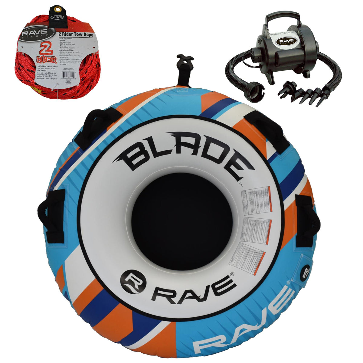 RAVE Sports - Blade Towable, 1-Section 2-Rider Tow Rope, & HS Inflator/Deflator - Blue/Orange