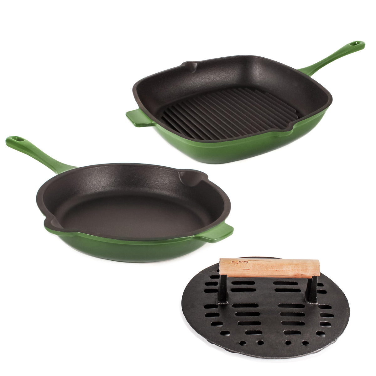 BergHOFF Neo 3pc Enamel on Cast Iron Cookware Set: 10" Fry Pan, Grill Pan and Slotted Steak Press, Green