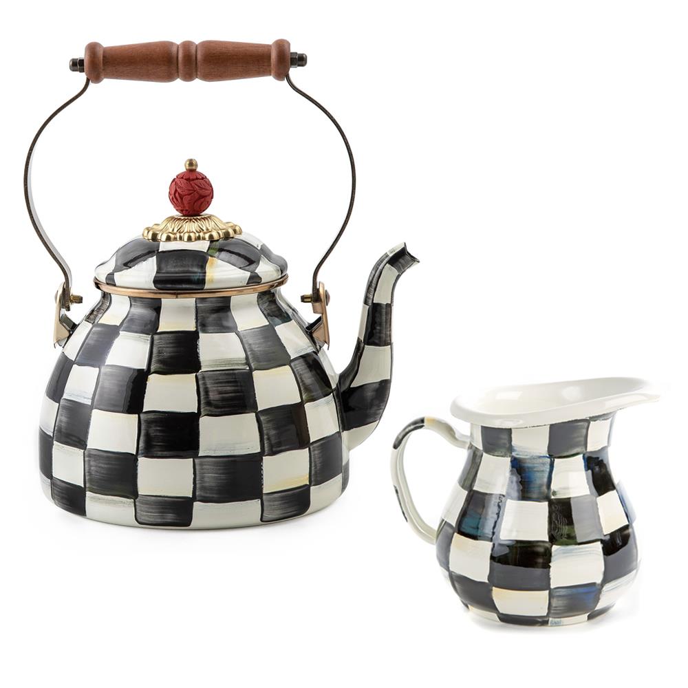 MacKenzie Childs Courtly Check Tea Kettle & Creamer Set