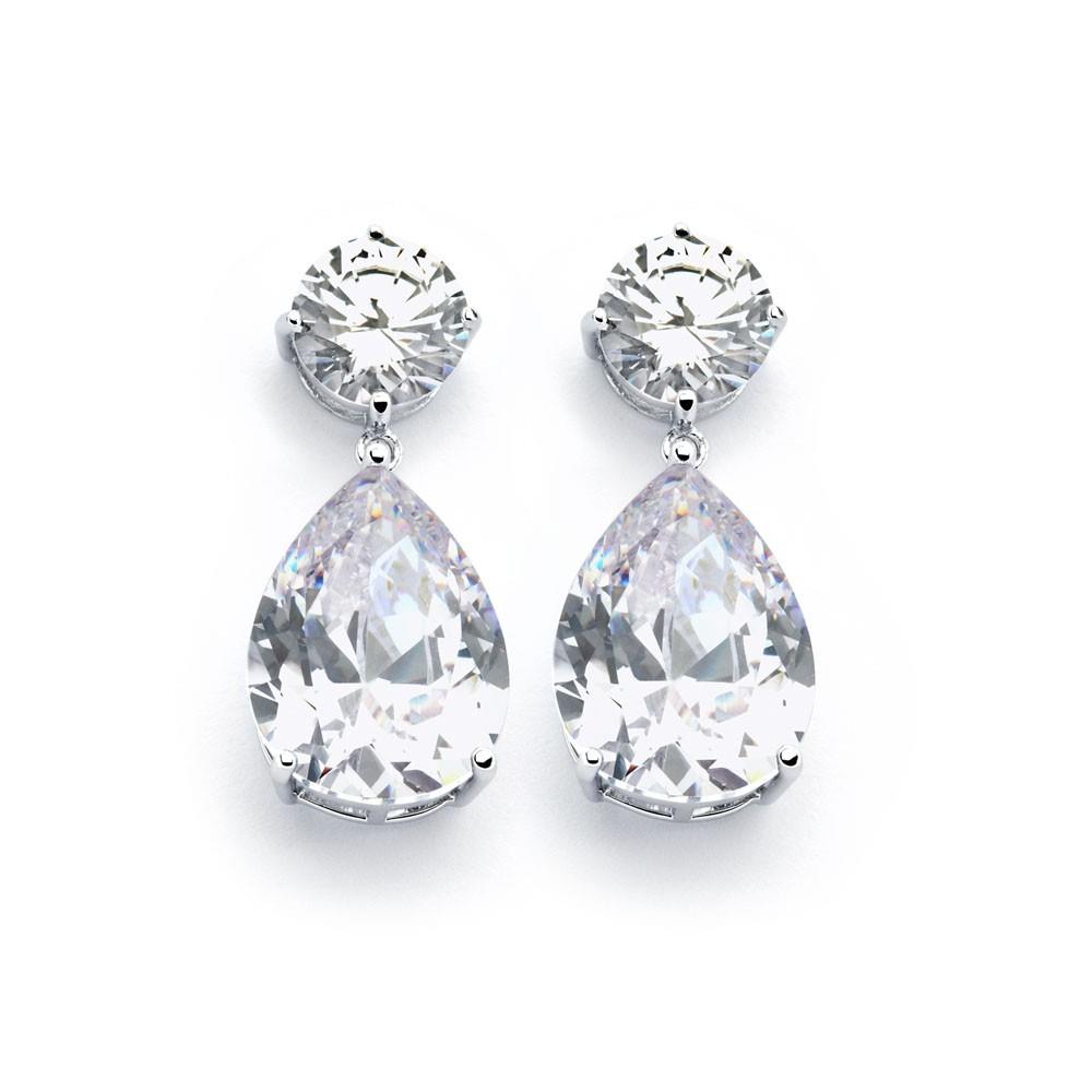 PARIKHS Rhodium Plated Round Teardrop Clear CZ Dangling Stud Earring in 925 Sterling Silver