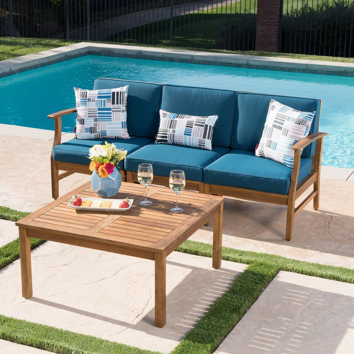 Stark Home Perla Outdoor 3-Seater Acacia Wood Sofa Chat Set