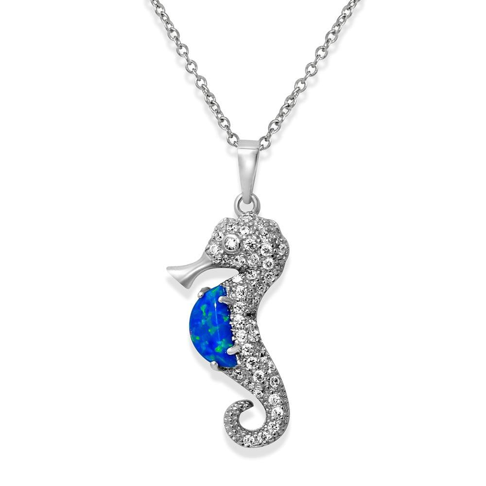 PARIKHS Rhodium Plated Sea Horse with CZ and Synthetic Blue Opal Necklace in 925 Sterling Silver