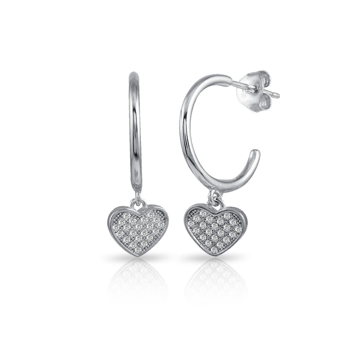 PARIKHS Rhodium Plated semi Hoop CZ Heart Shaped Earrings in 925 Sterling Silver