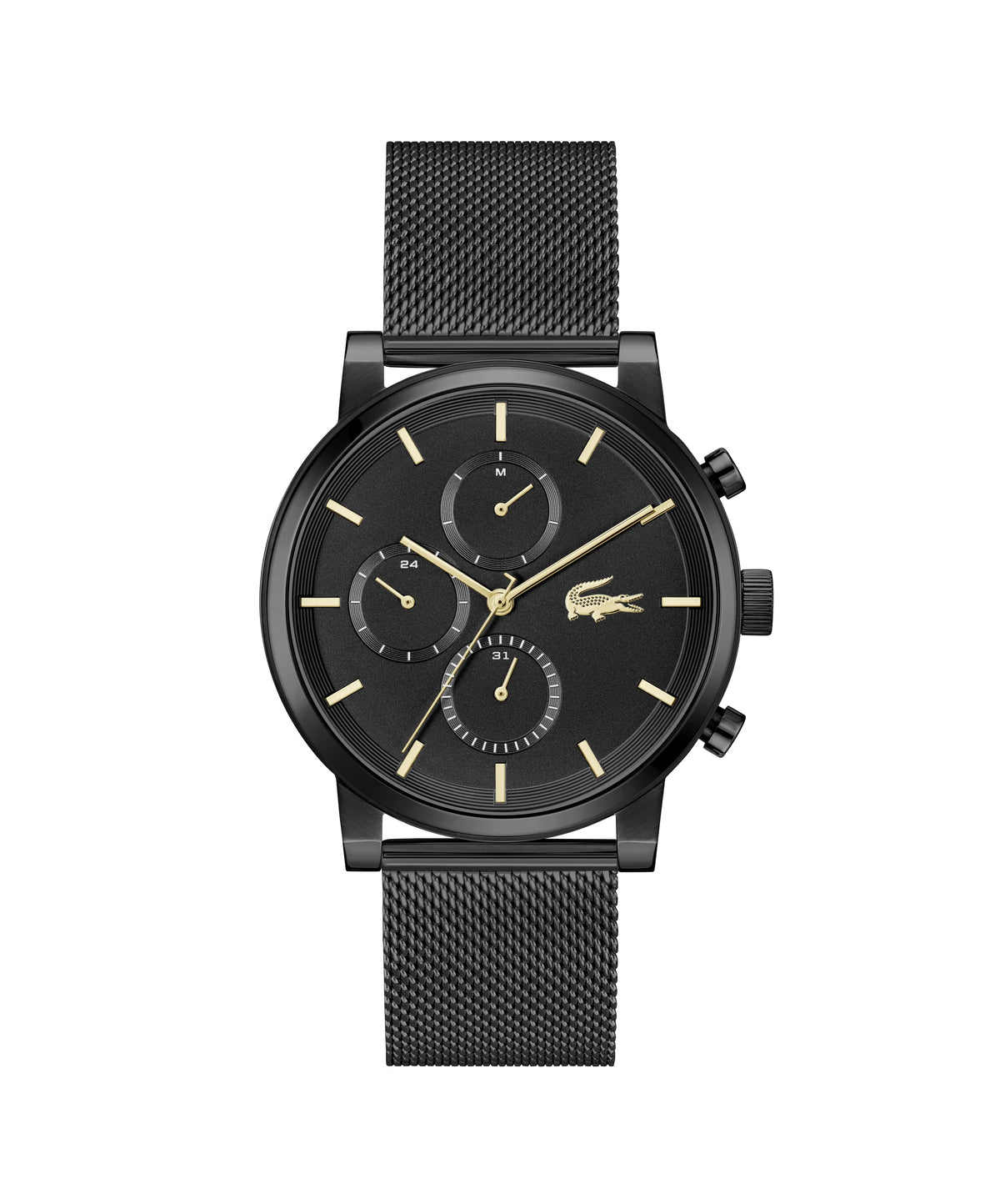 Lacoste Replay Gents. Black IP Case. Black Mesh Bracelet. Black multi function Dial