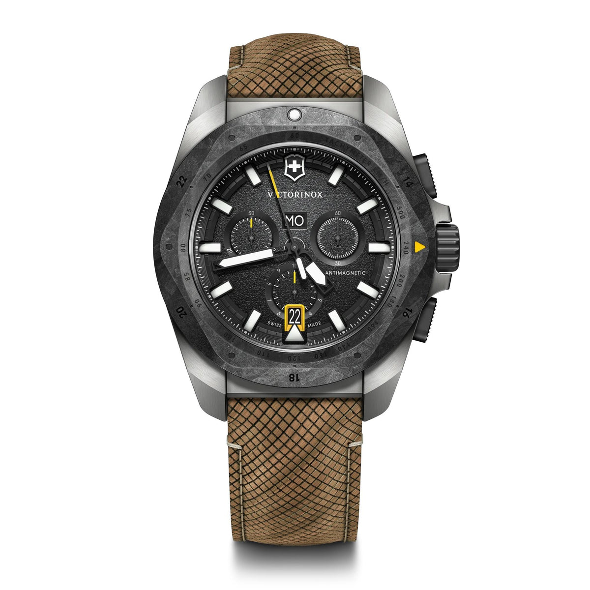 Victorinox Swiss Army I.N.O.X. Chrono 43mm, silver titanium case, black carbon bezel, black dial, brown structured strap