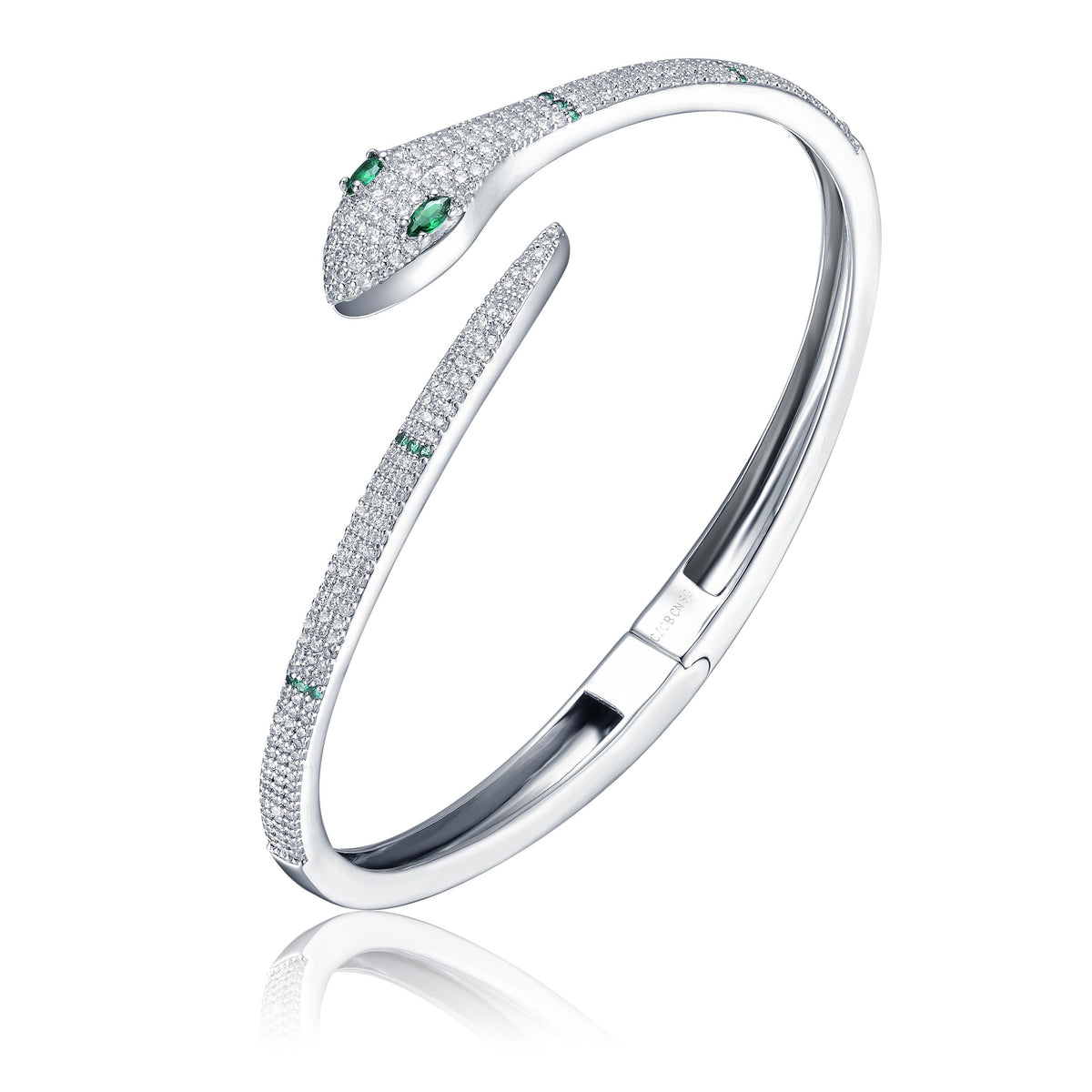 GENEVIVE Rhodium CZ Green Eyed Serpent Bangle Size 7.5"