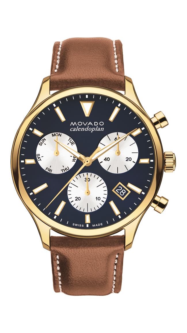 Movado Heritage Men's Chrono. Gold IP Steel Case. Navy Dial. Cognac Calfskin Strap.