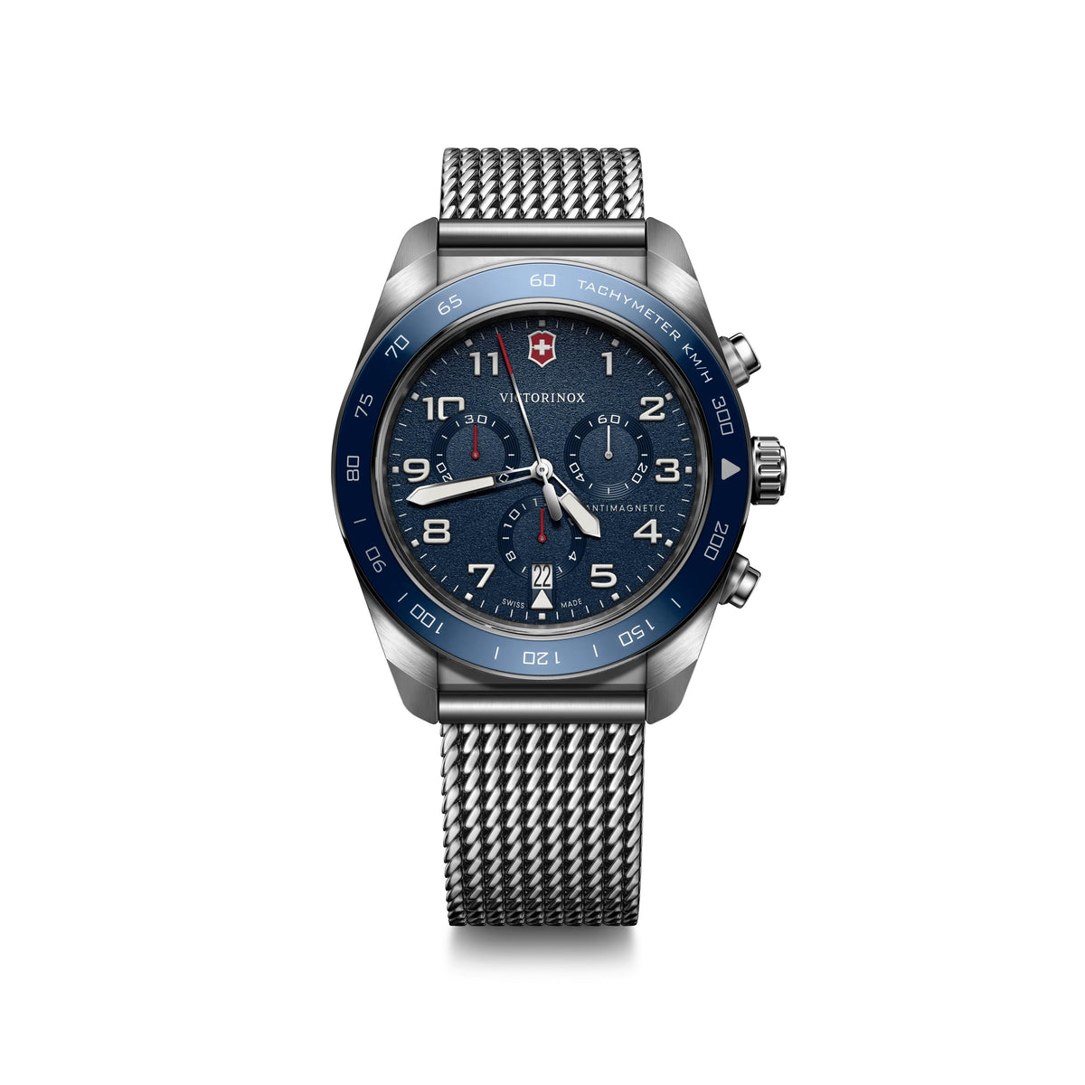 Victorinox Swiss Army Swiss Army Chrono 42mm, silver case, blue bezel/dial, steel bracelet
