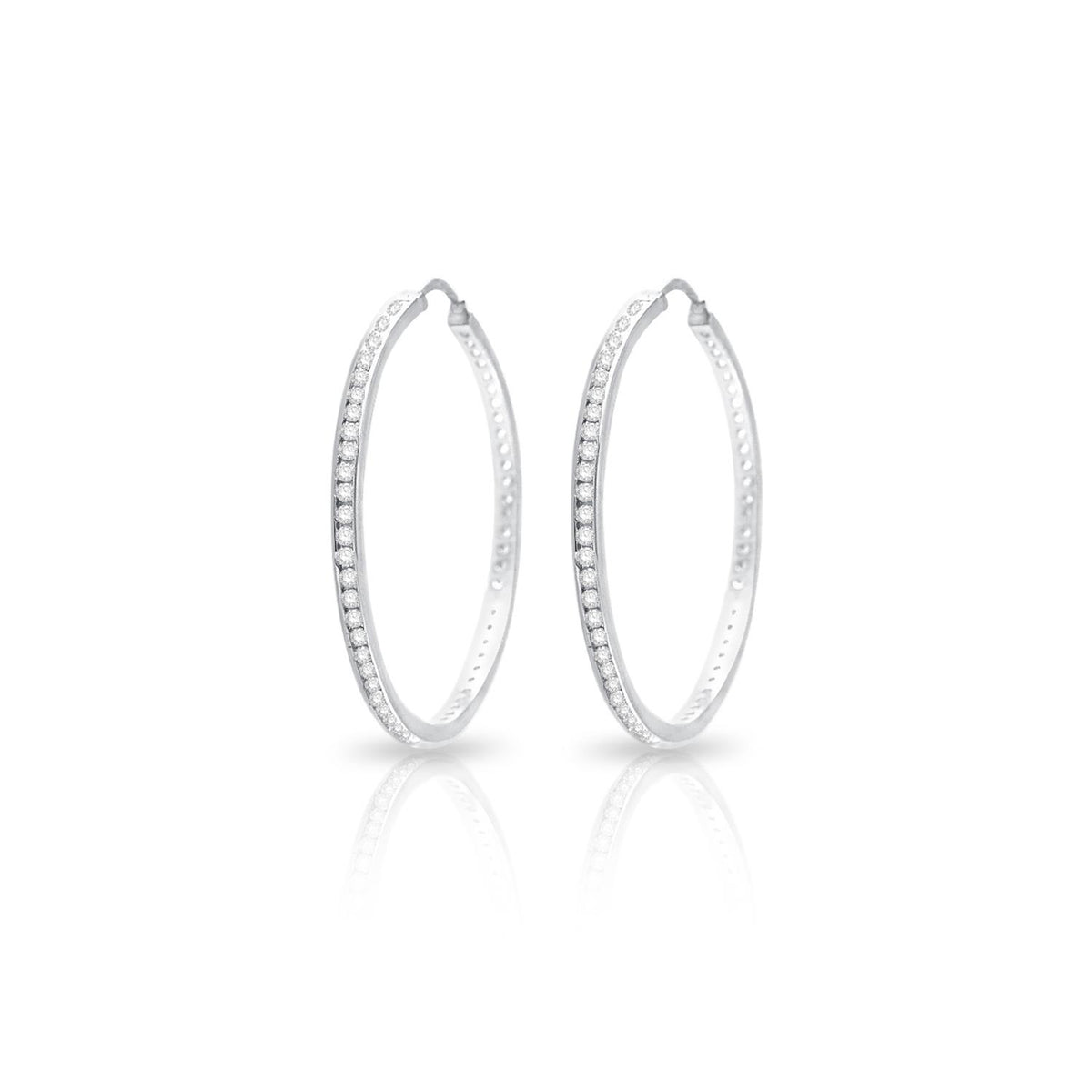 PARIKHS Rhodium Plated Round Clear CZ Hoop Earrings in 925 Sterling Silver-45MM