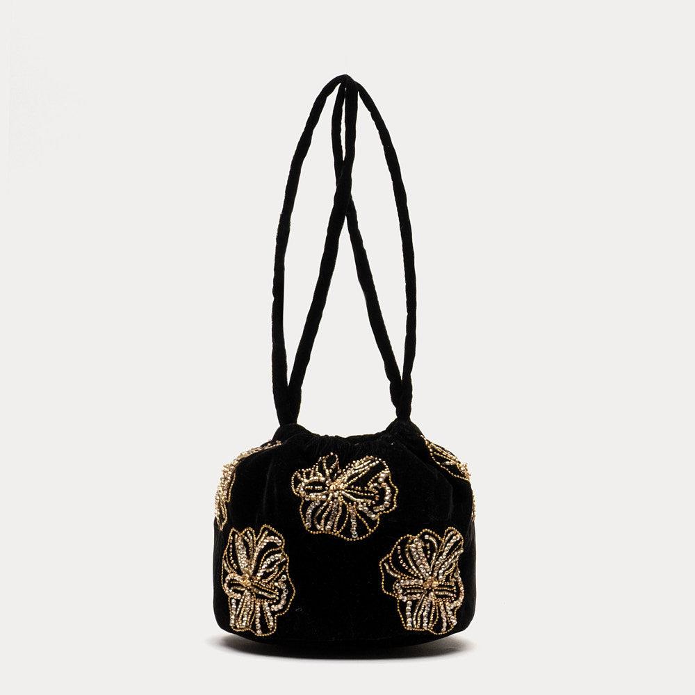 Frances Valentine Pouf Bag w/ Floral Embroidery Velvet