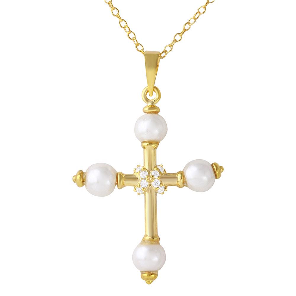 Wholesale 925 PARIKHS Gold Plated Cross with Synthetic Pearl Necklace in 925 Sterling Silver