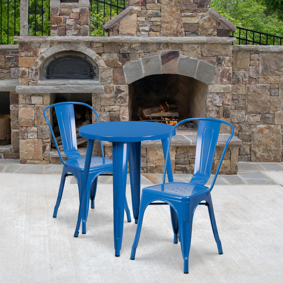 Flash Furniture 24" Round Blue Metal Indoor-Outdoor Table Set with 2 Cafe Chairs - Patio Set