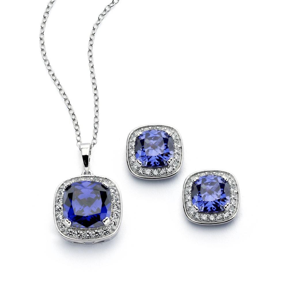 PARIKHS Rhodium Plated Clear Cluster Blue Square CZ Necklace-Stud Earring Set in 925 Sterling Silver
