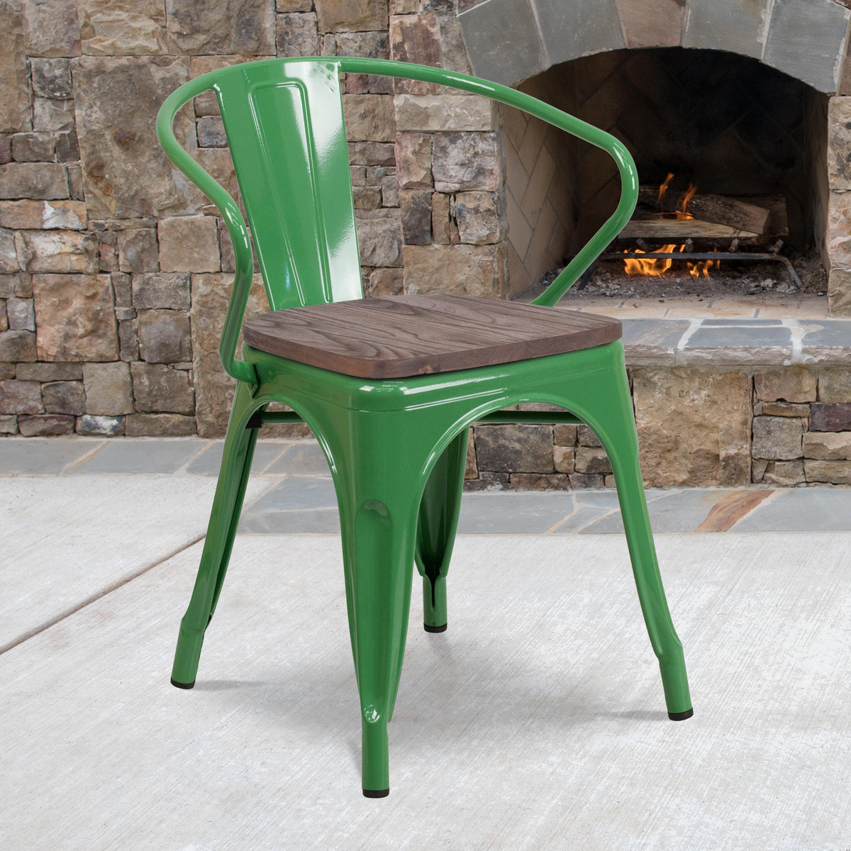 Flash Furniture Green Metal Chair with Wood Seat and Arms - Restaurant Furniture