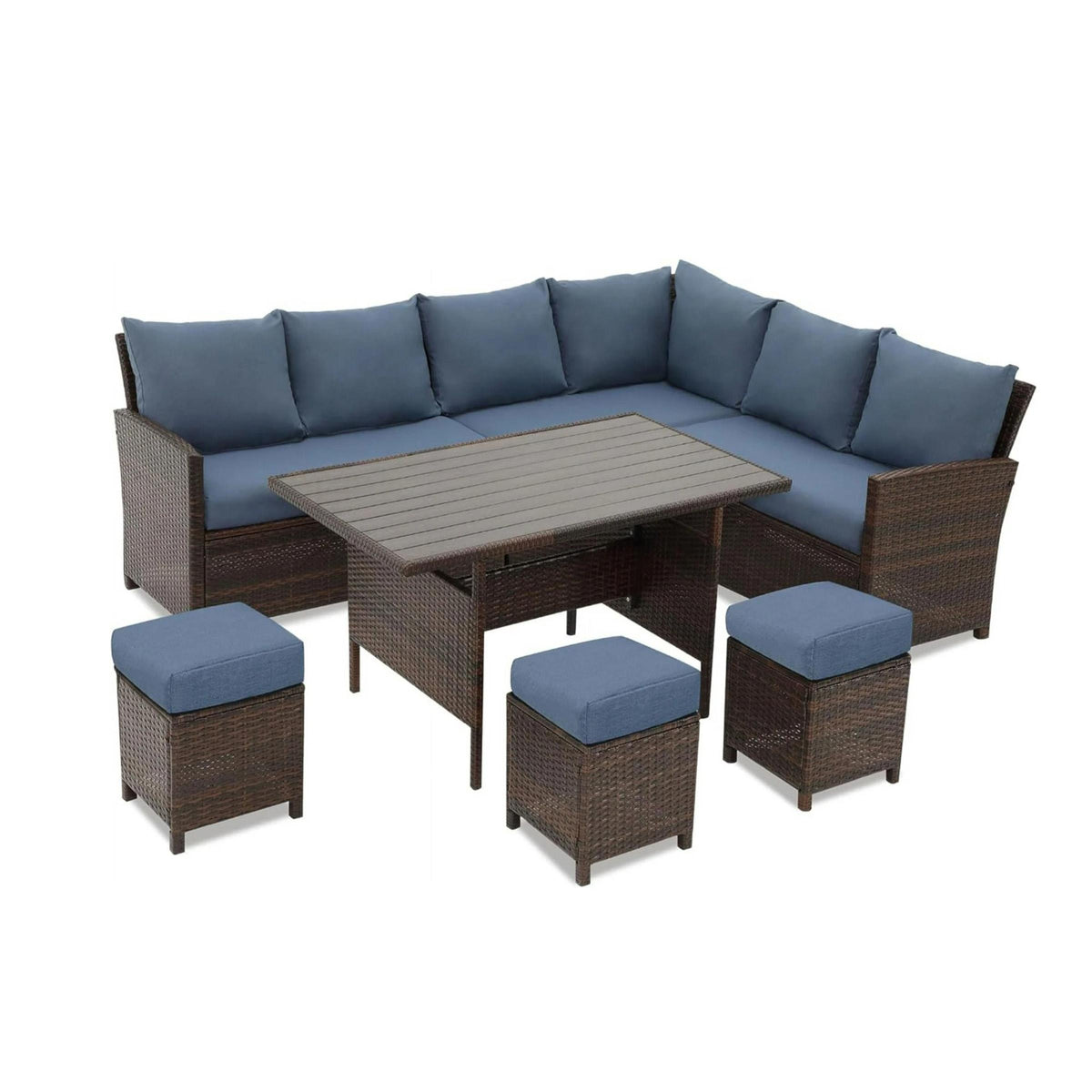 7-Piece Wicker Patio Dining Set w/Blue Cushions
