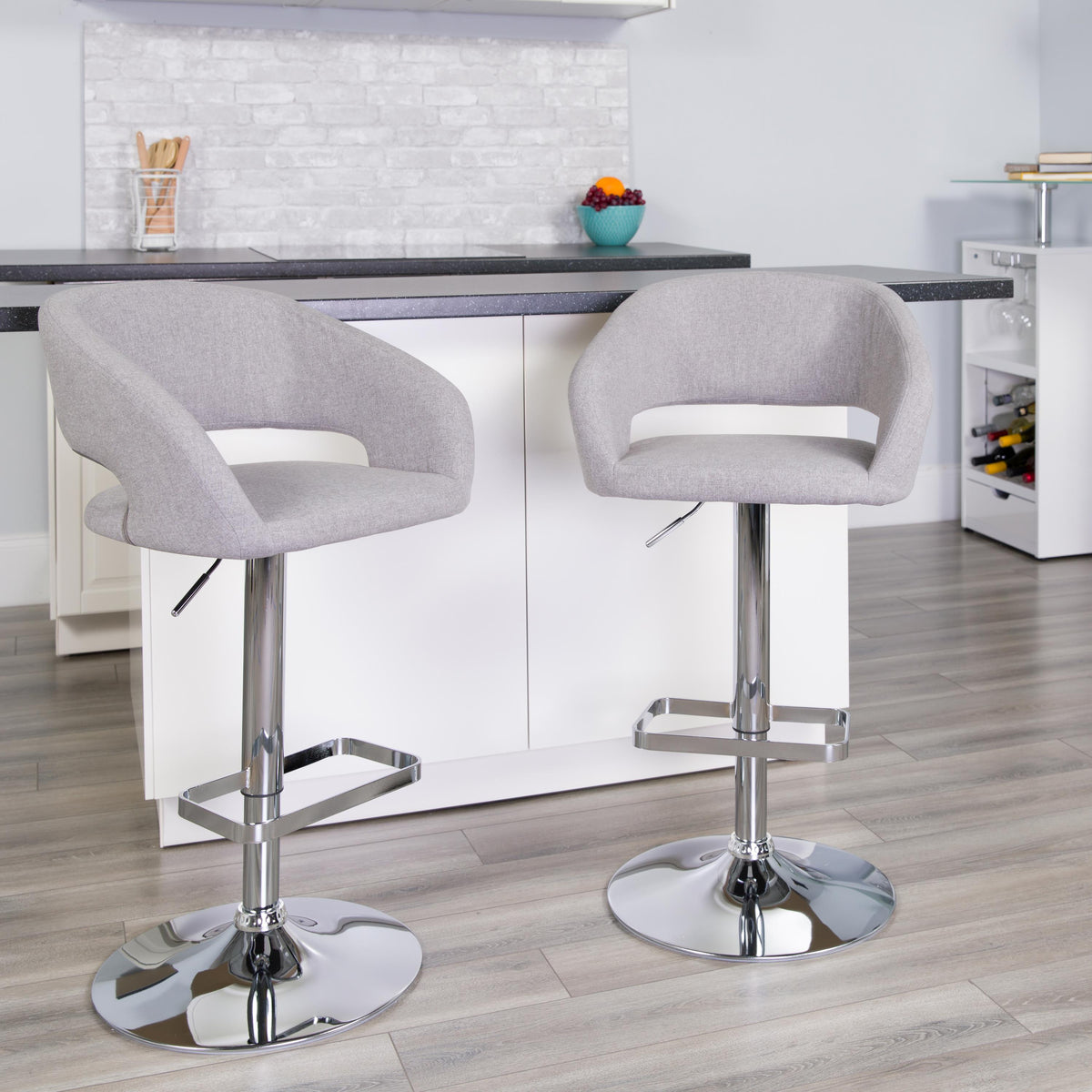 Flash Furniture Gray Fabric Adjustable Height Barstool with Rounded Mid-Back and Chrome Base