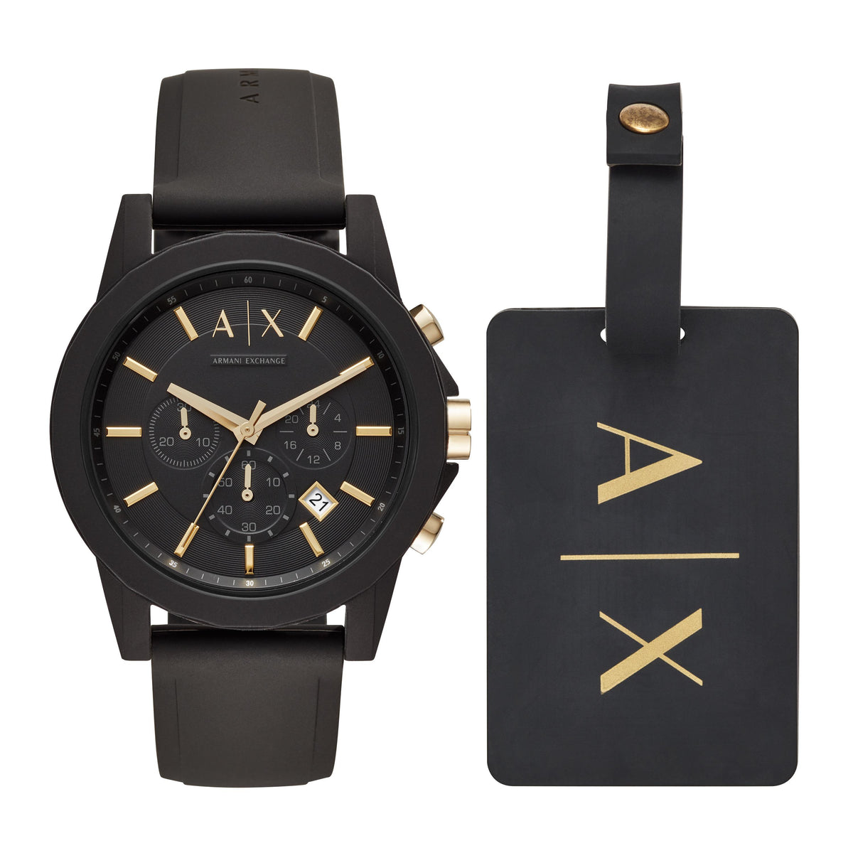 Armani Exchange Mens Outerbanks Black Silicone Watch & Luggage Tag Gift Set