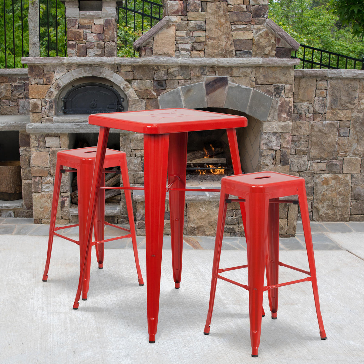 Flash Furniture 23.75" Square Red Metal Bar Table Set with 2 Square Seat Backless Stools