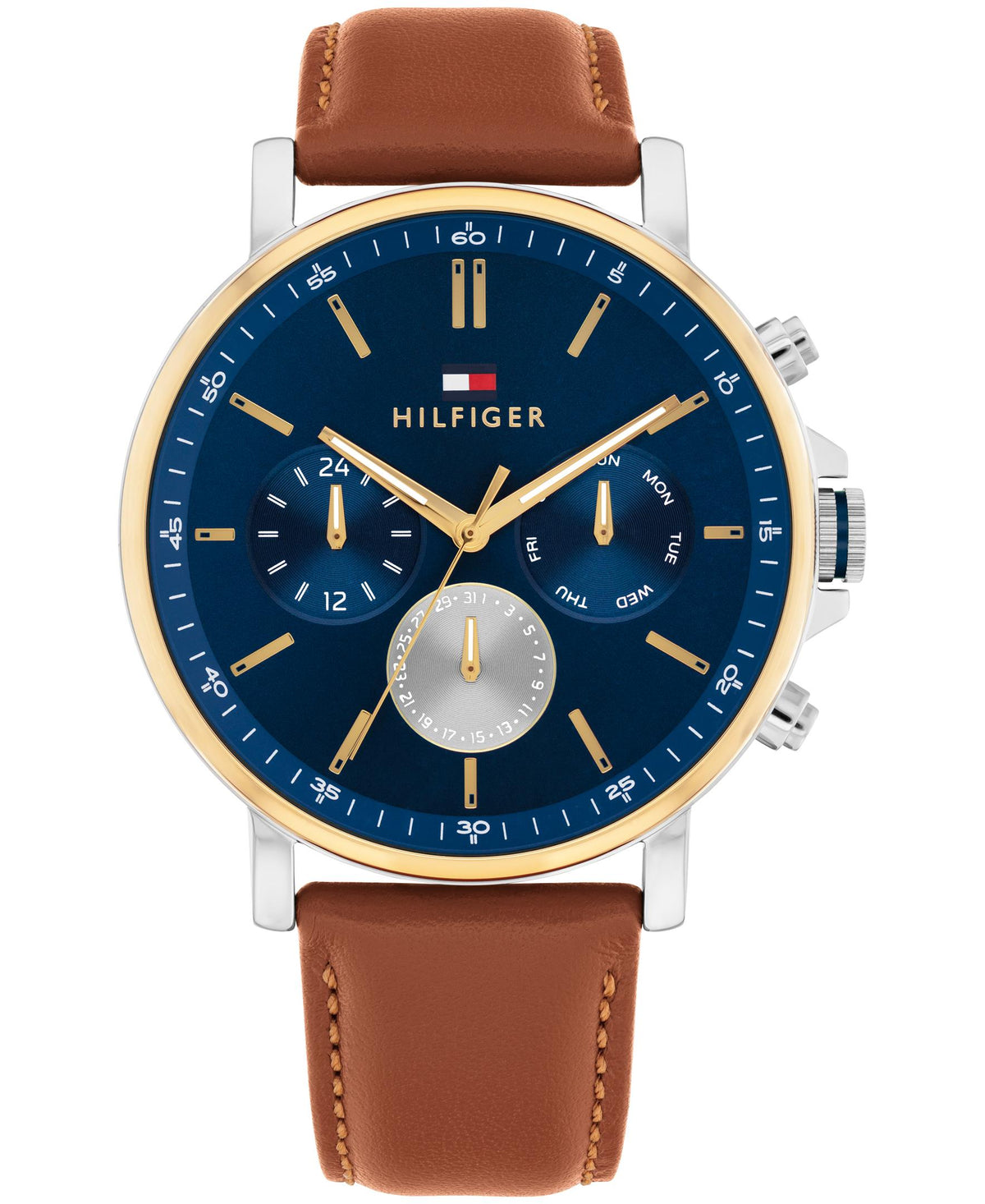 Tommy Hilfiger Gents. SS Case w/GP Bezel. Brown Leather Strap. Navy Dial.