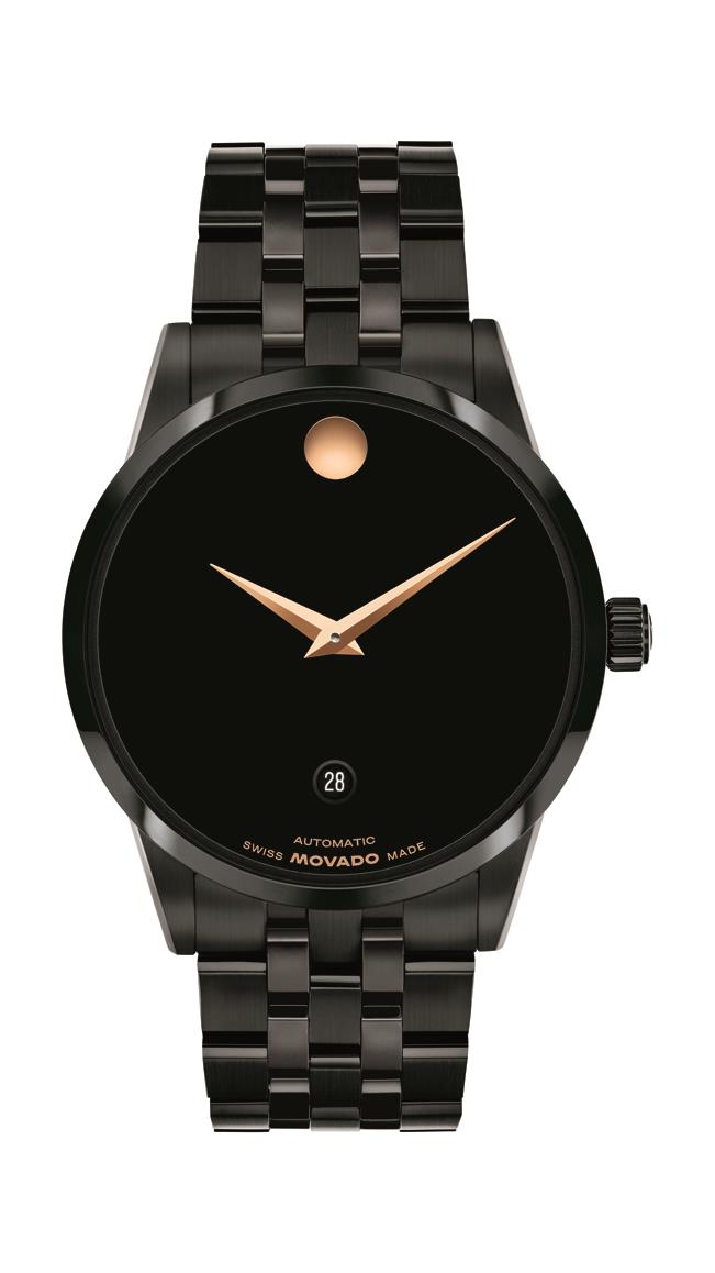 Movado Museum Automatic. Black PVD Steel Case & Bracelet. Black Dial