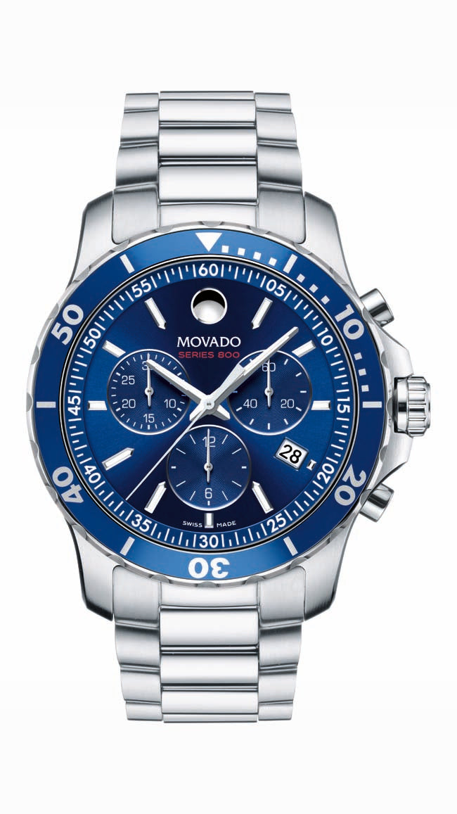 Movado Series 800 Chrono Gents. Performance Steel Case & Bracelet. Blue Dial.