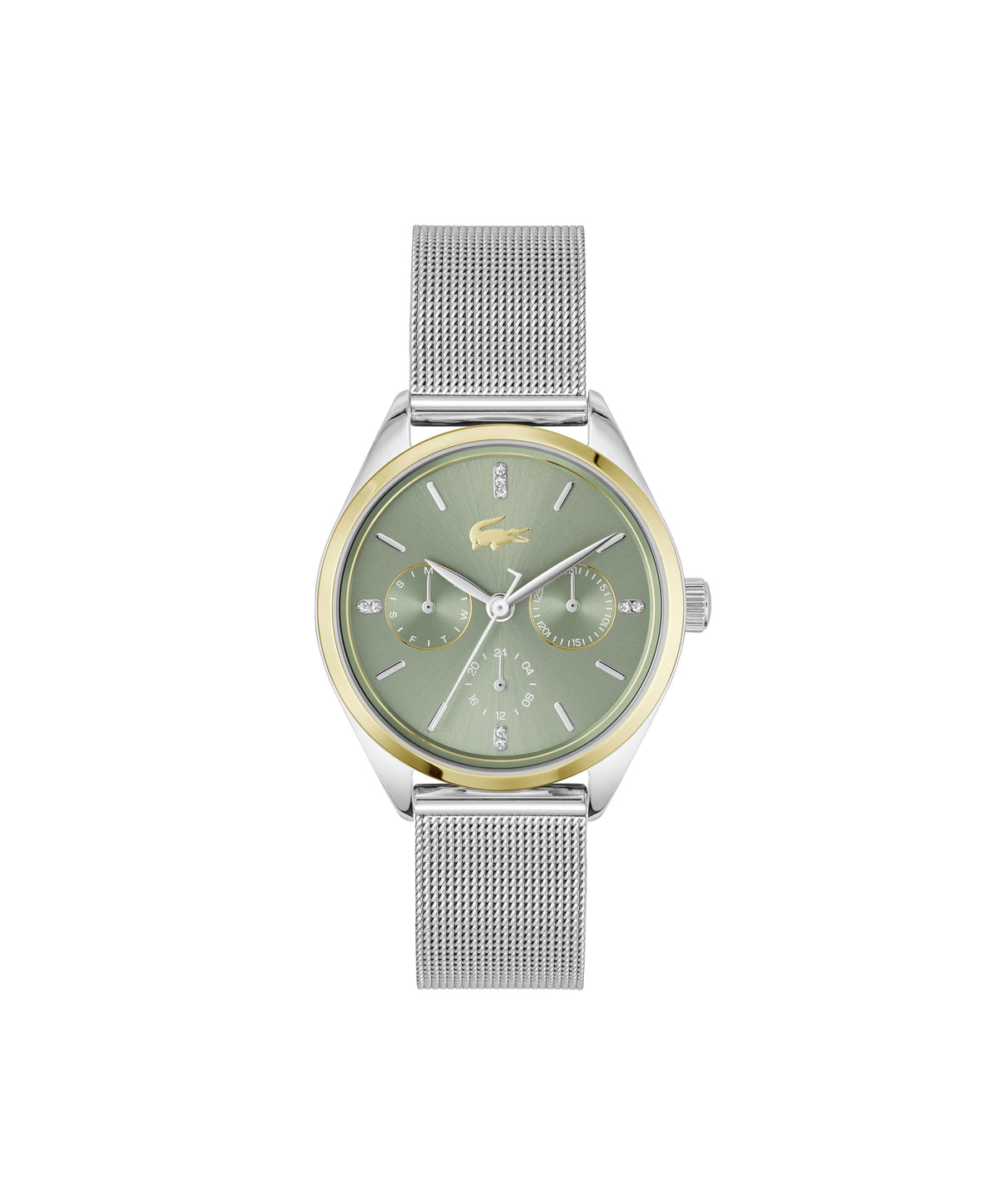 Lacoste Atena Ladies. Stainless Steel/YG IP Case and SS Mesh Bracelet. Green multi-function Dial