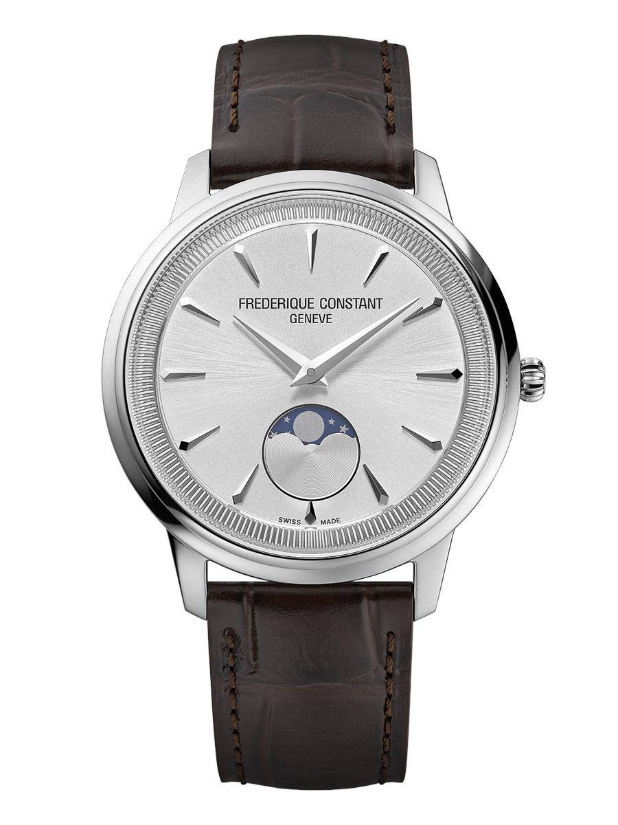 Frederique Constant Men's Classic Moneta Moonphase Leather Strap watch, Silver-Tone dial