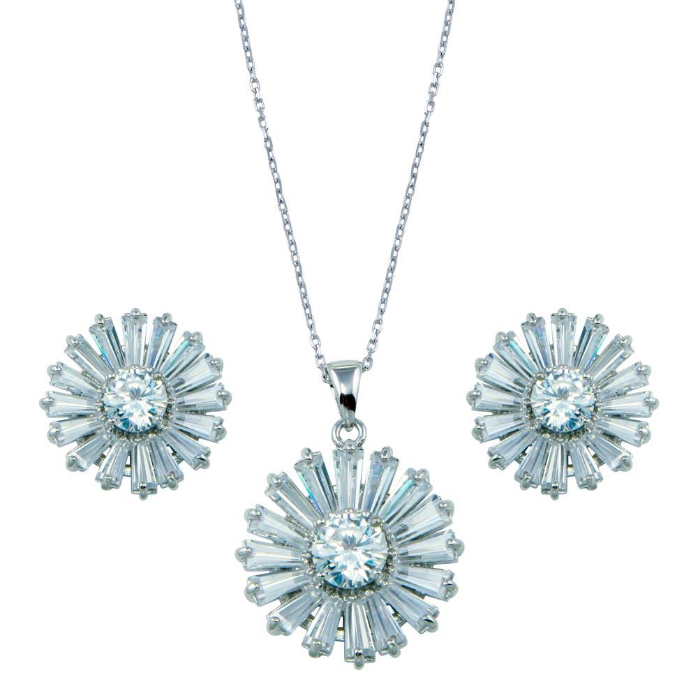 PARIKHS Rhodium Plated Clear Baguette Flower CZ Necklace-Earring Set in 925 Sterling Silver