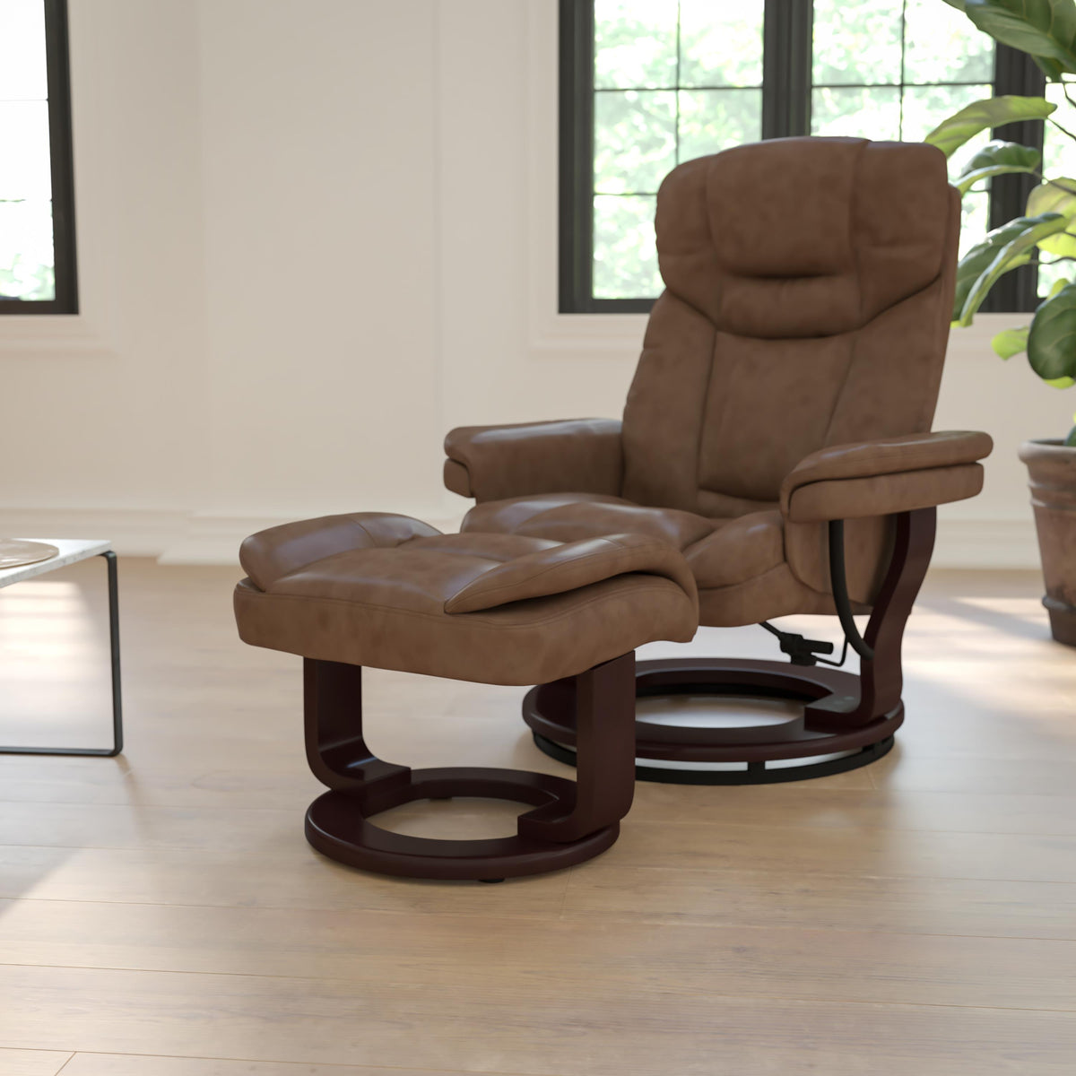 Flash Furniture Palimino LeatherSoft Multi-Position Recliner &Curved Ottoman w/Mahogany Base