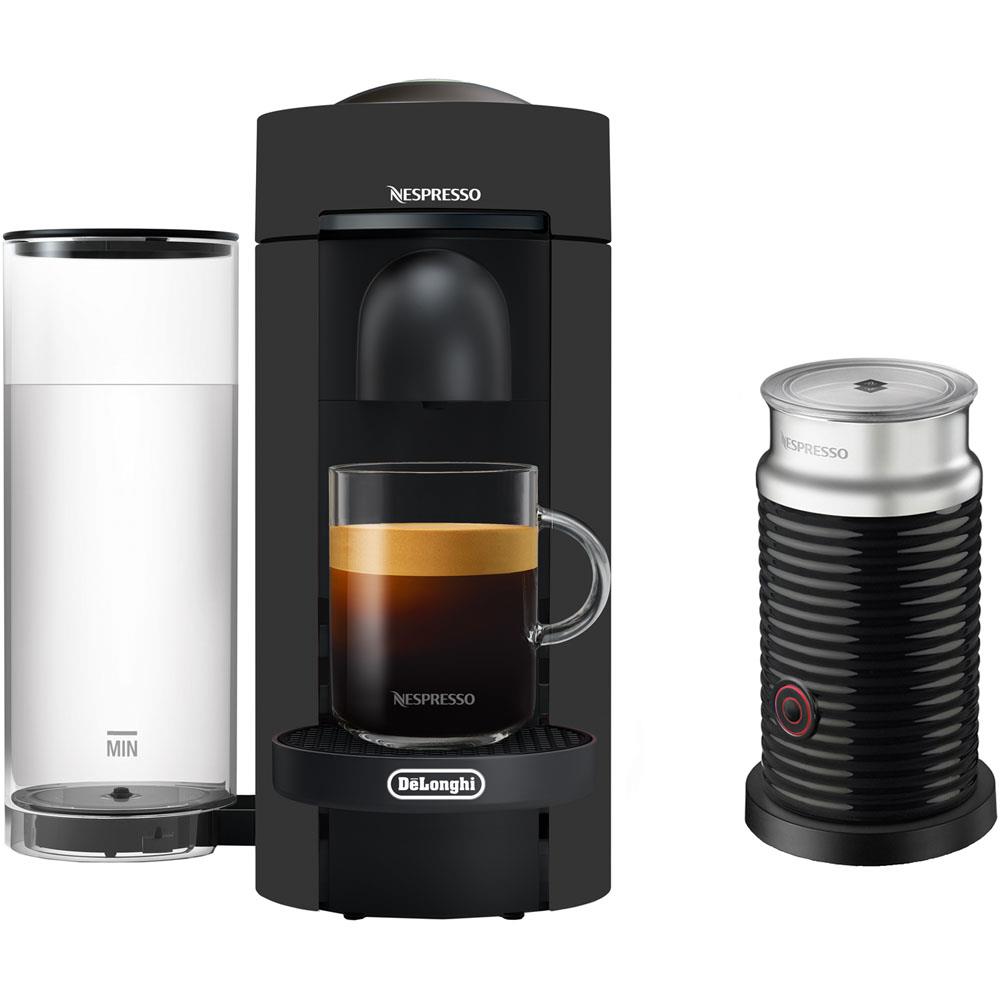 Delonghi VertuoPlus Coffee & Espresso Single-Serve Machine in Black Matte and Aeroccino Milk Frother in Black