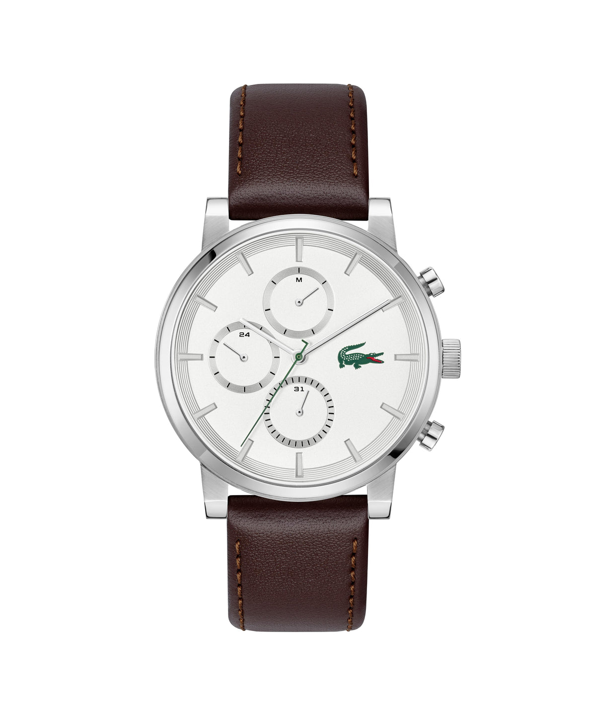 Lacoste Replay Gents. Stainless Steel Case. Brown Leather Strap. White multi function Dial