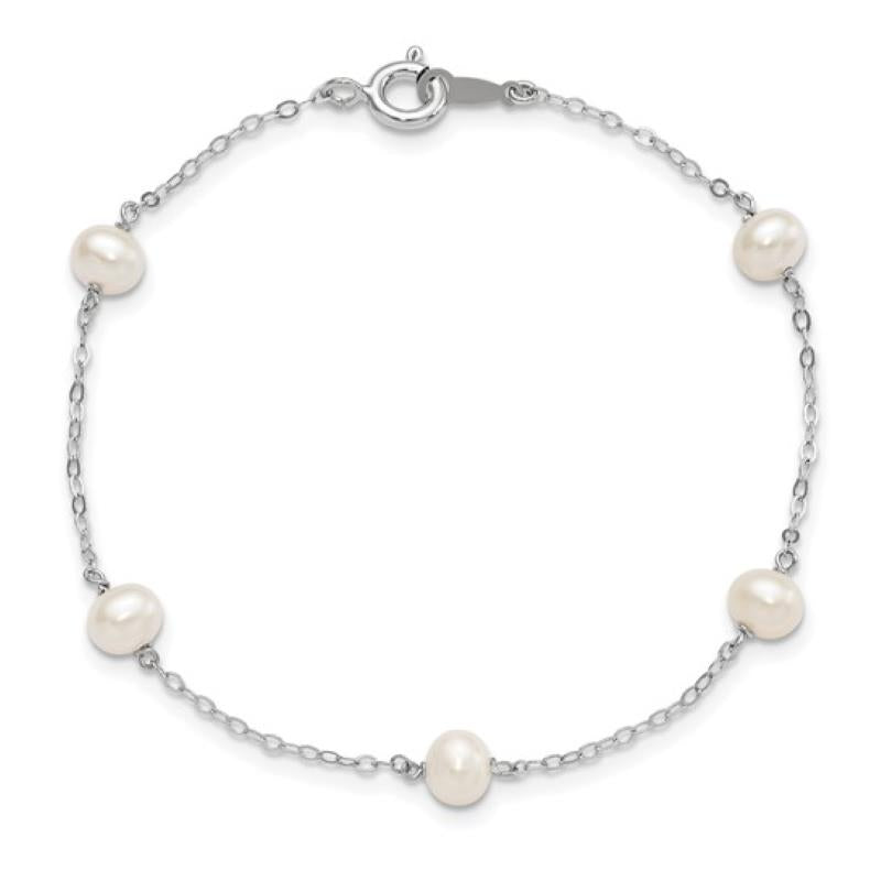 Distinctive Sterling Silver 4-5mm White Semi Round Freshwater Cultured Pearl 5 Station Bracelet