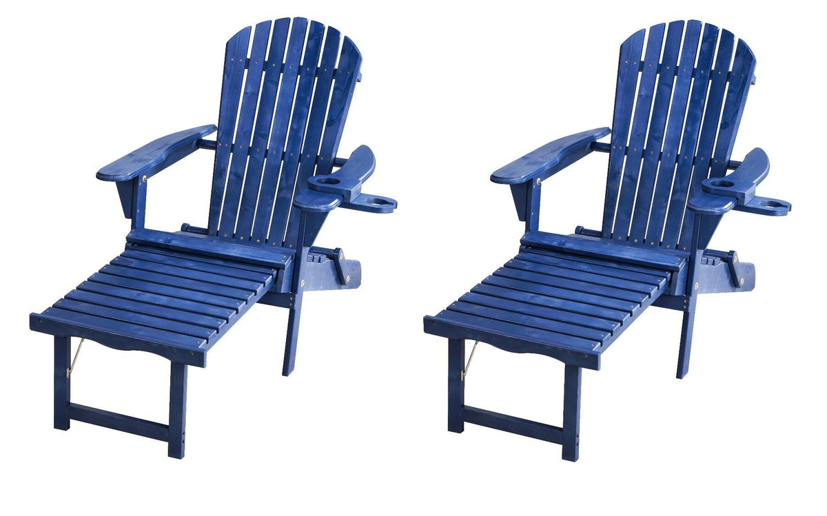 Oceanic Adirondack Chaise Lounge w/Ottoman & Beverage Holder, Set of 2 - Navy Blue