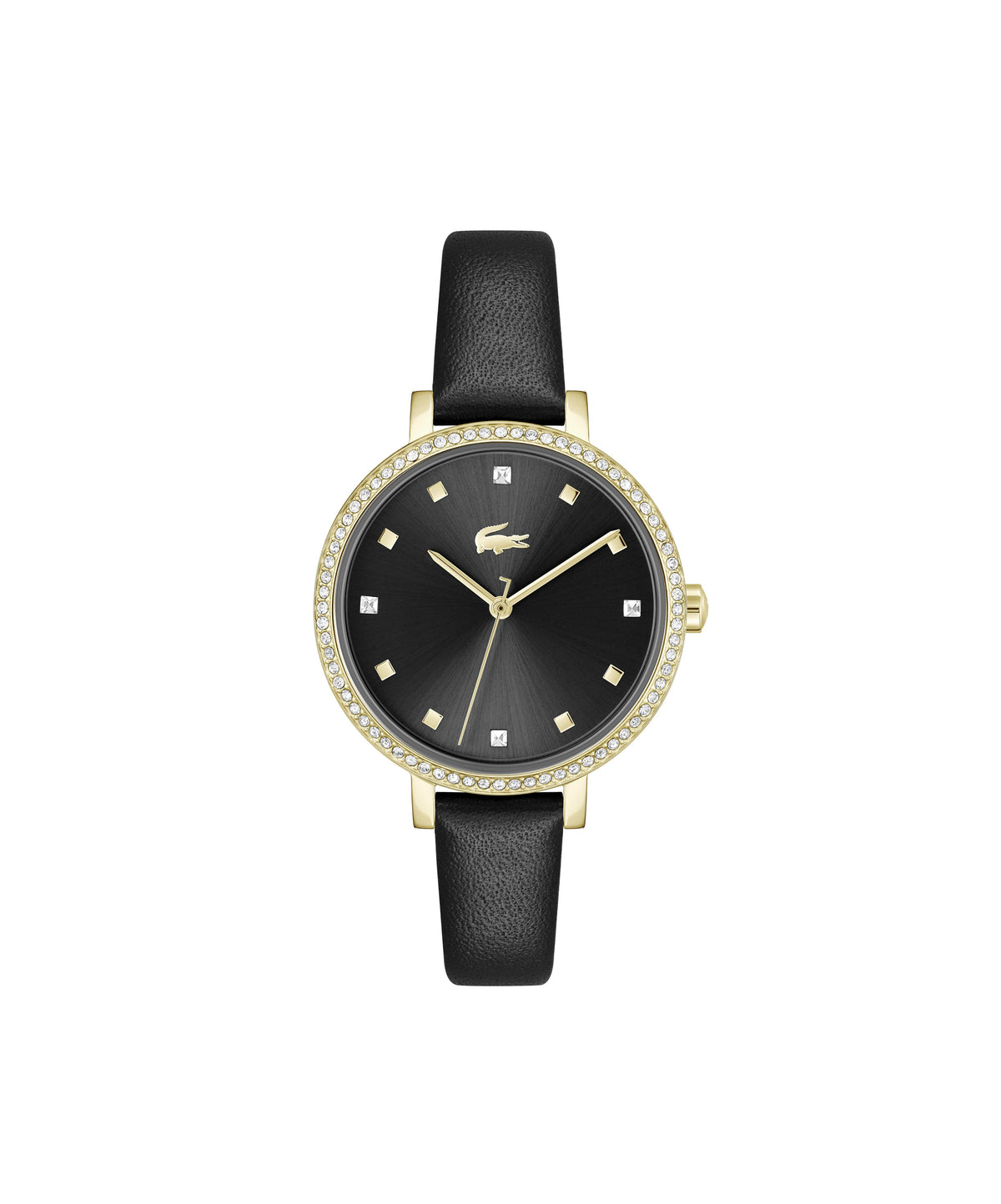 Lacoste Riga Ladies. Yellow Gold IP Case w/ Crystals. Black Leather Strap. Black Dial