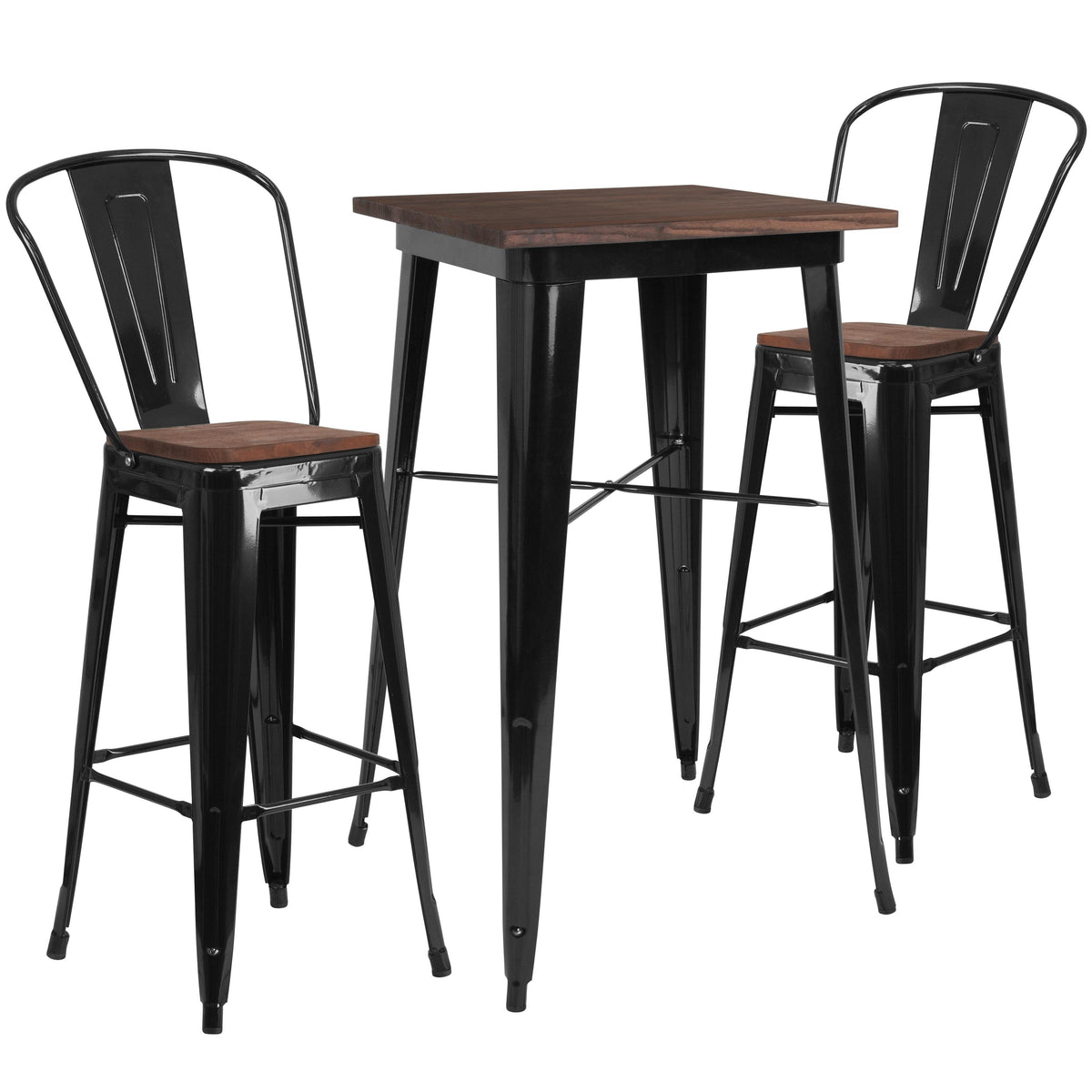 Flash Furniture 23.5" Square Black Metal Bar Table Set with Wood Top and 2 Stools