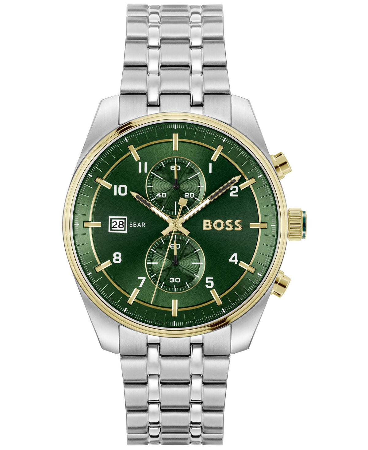 HUGO BOSS Boss Skytraveller Gents. Stainless Steel & IP Gold Plated Case & Bracelet. Dark Green Chrono Dial.