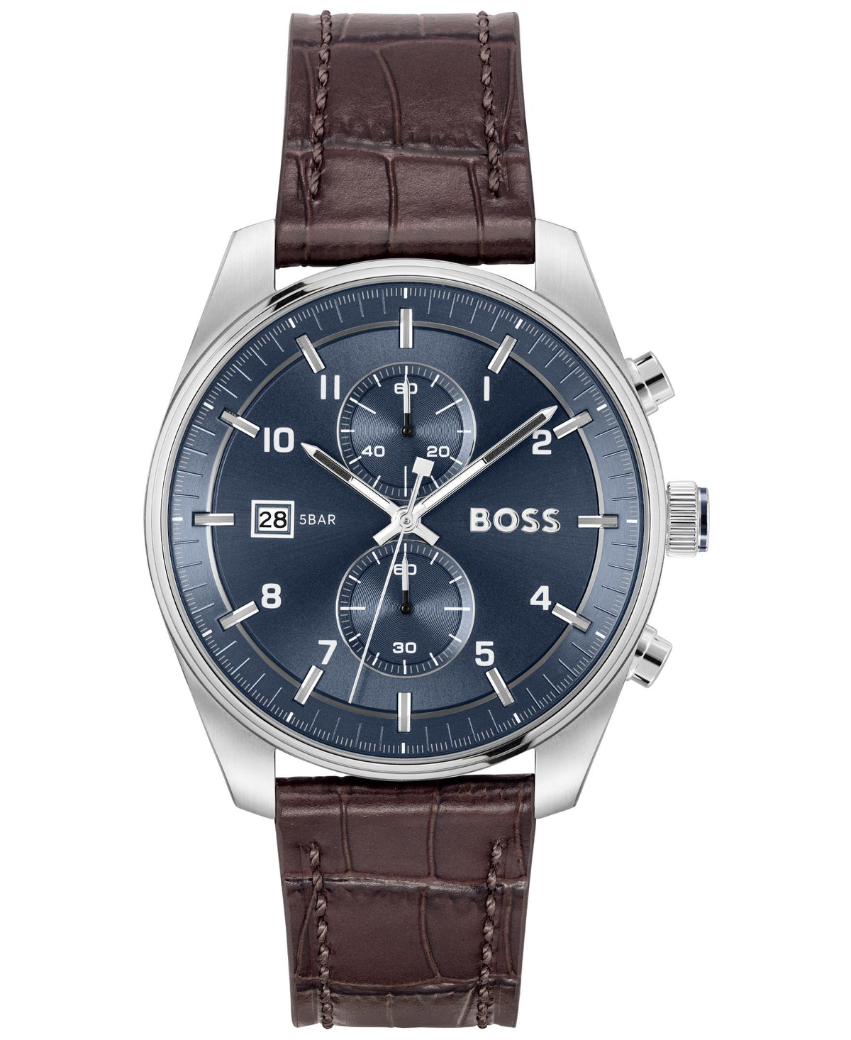 HUGO BOSS Boss Skytraveller Gents. SS Case. Blue Chrono Dial. Dark Brown Leather Strap