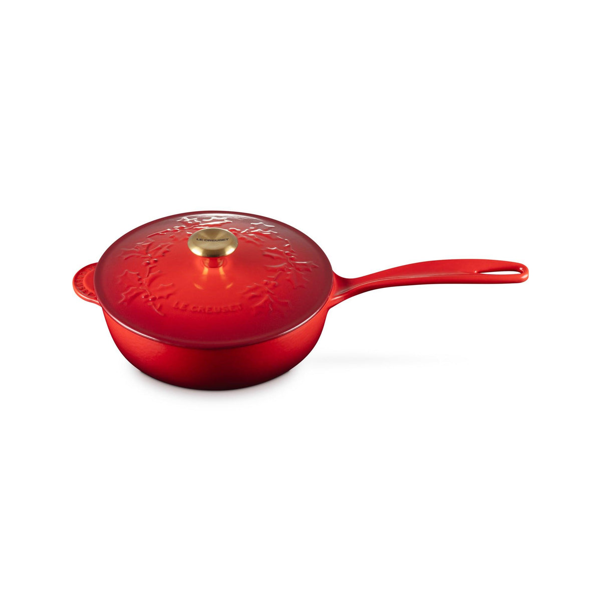 Le Creuset 2.25qt Holly Collection Cast Iron Saucier w/ Gold Knob Cerise
