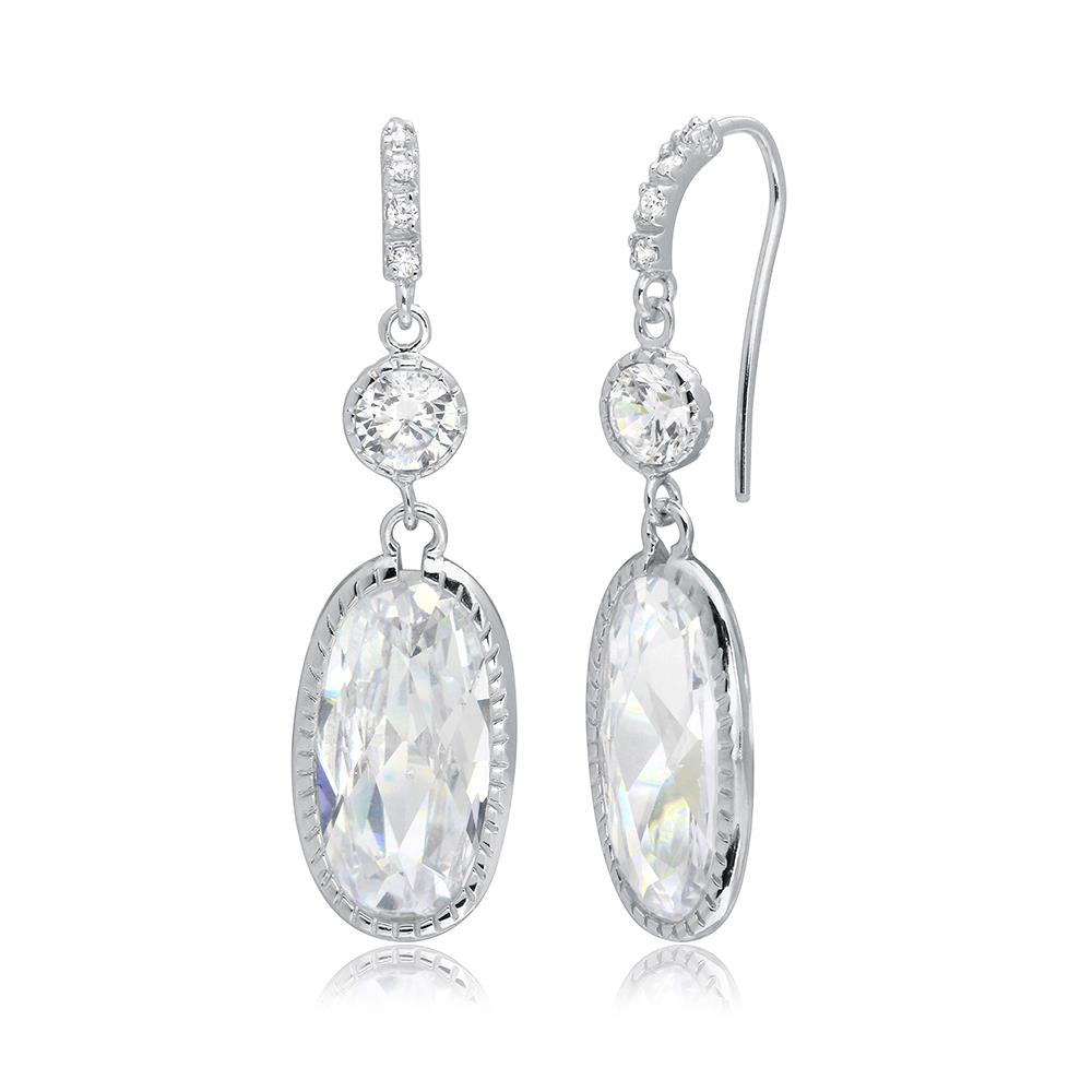 PARIKHS Rhodium Plated Hanging Oval CZ Earring in 925 Sterling Silver