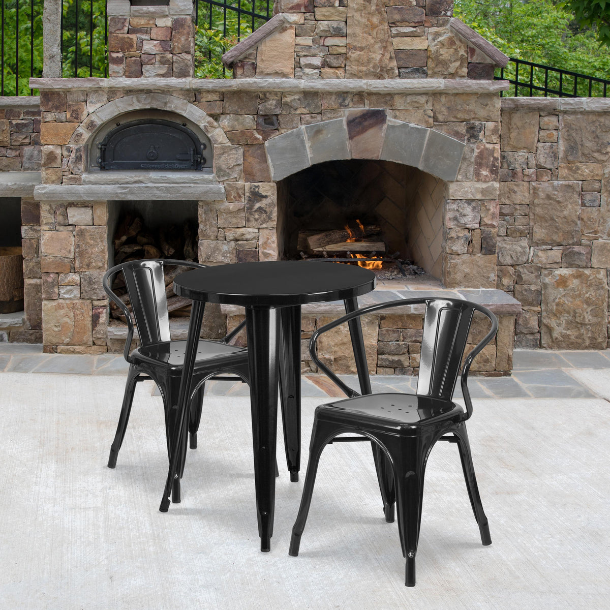 Flash Furniture 24" Round Black Metal Indoor-Outdoor Table Set with 2 Arm Chairs - Patio Set