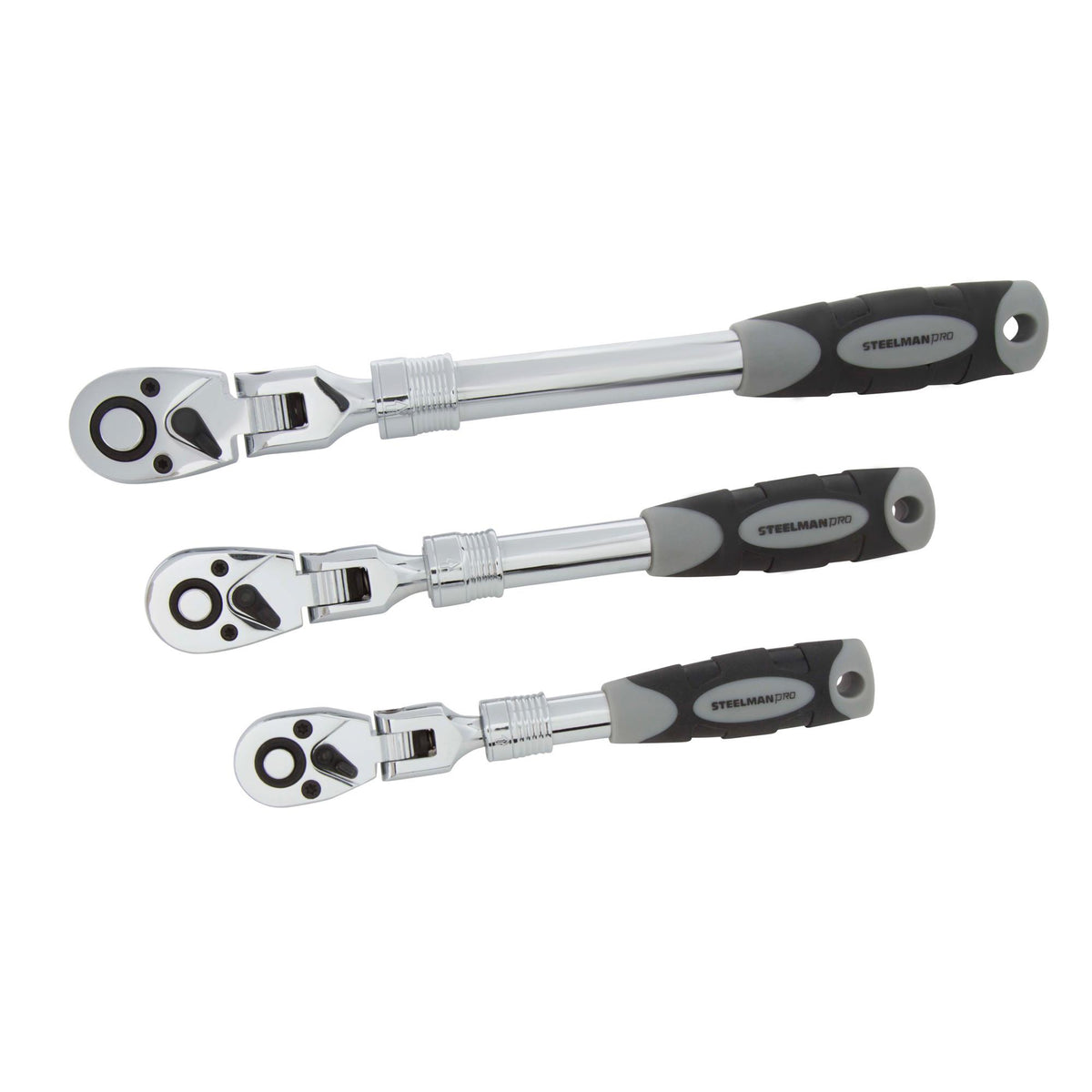 JS Products Steelman 3pc 72-Tooth Extendable Flex-head Ratchet Set- 1/4, 3/8, and 1/2" Drives