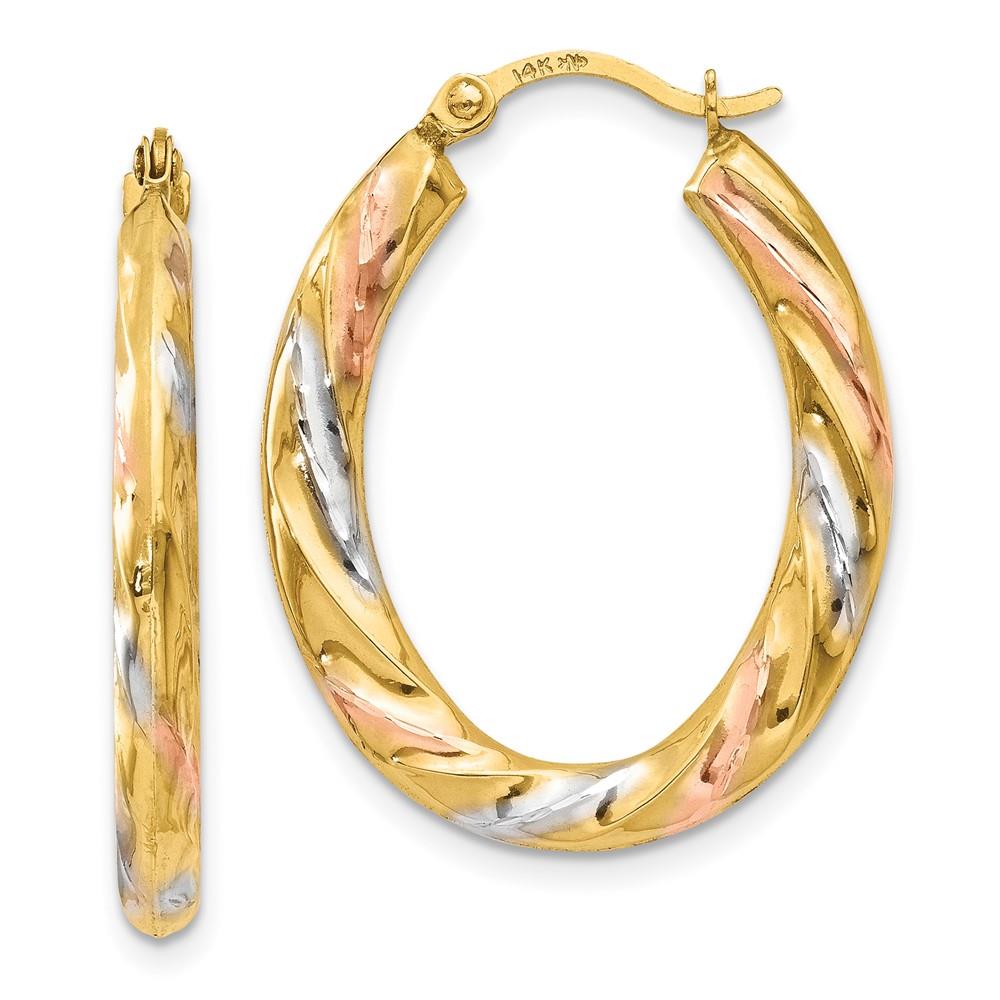 Distinctive 14K & White & Rose Rhodium Oval Hollow Scallop Hoop Earrings
